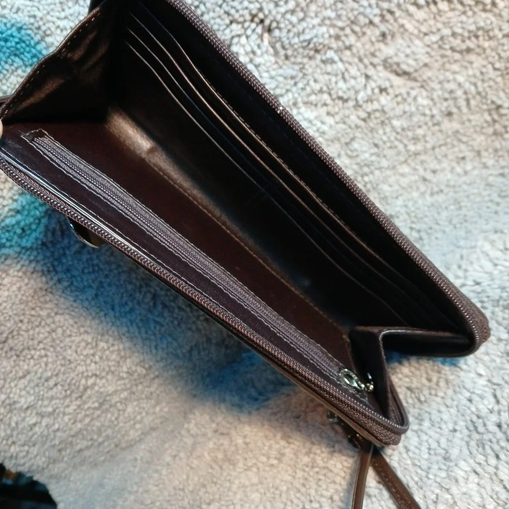 Coach Signature C Wristlet Khaki Tan Cloth Brown Patent Leather Silver No Cracks